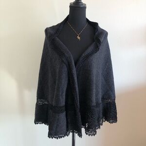 CAbi Gray Shawl Sweater with Black Crochet Detail